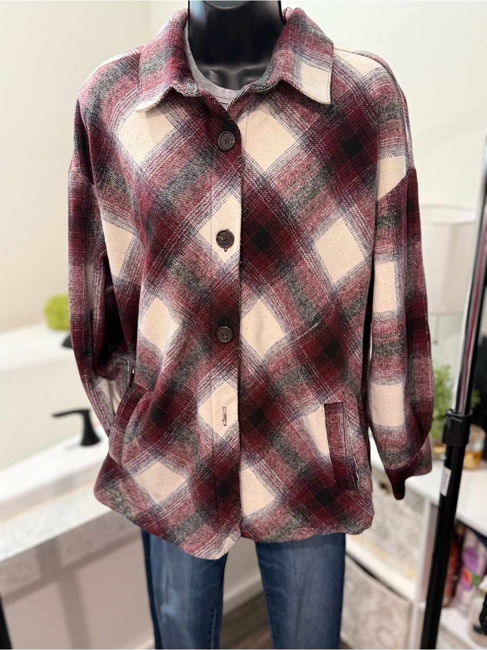 Zenana Plaid Shacket Jacket – Size Large - Picture 5 of 7